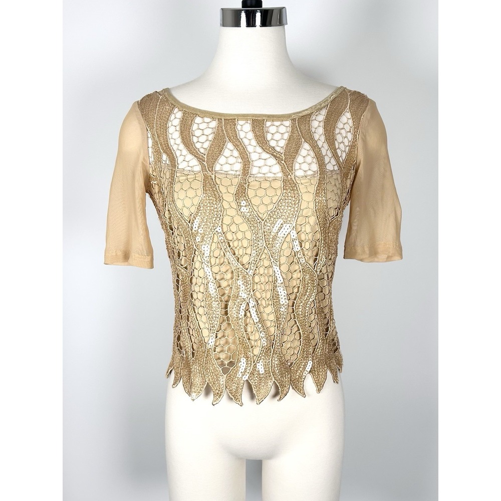 Vintage Sagaie Paris Top Women's Small Sequin Mesh Whimsy Fairy Y2K Tan Beige